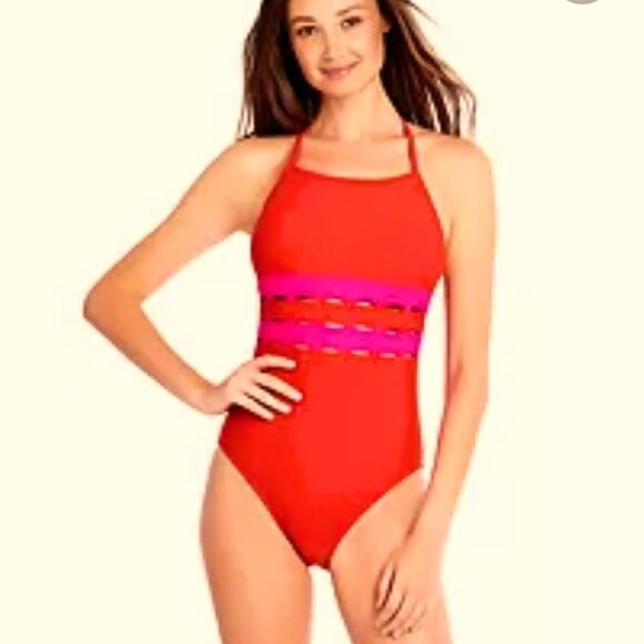 Sunflower XL Cherry Red Pink Stripes Halter One-piece Swimsuit - Picture 1 of 10